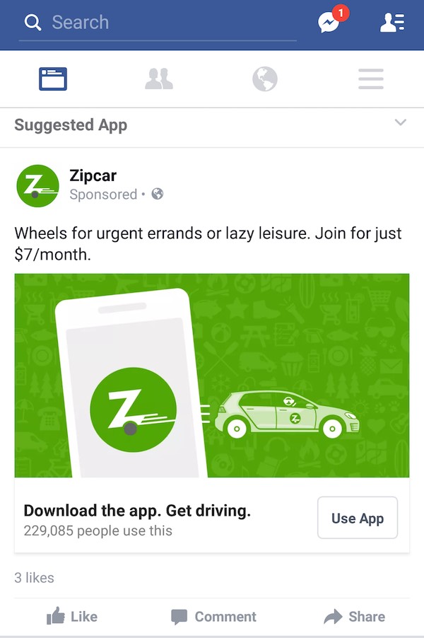 زیپ‌کار (ZipCar) – تبلیغ اپلیکیشن در فیسبوک 