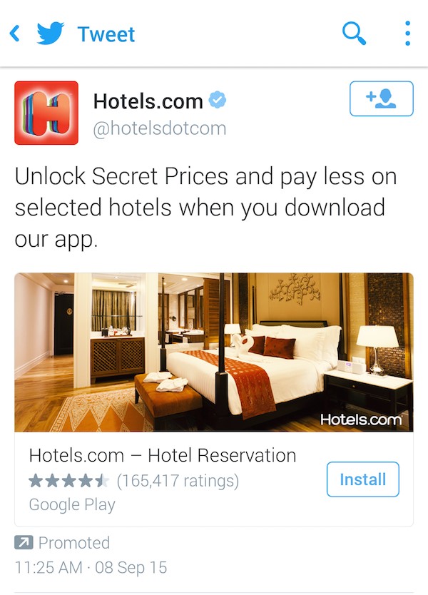 Hotels.com- تبلیغ اپلیکیشن در توییتر